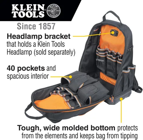 Vista 2 de Klein Tools 62800BP - Mochila para herramientas, 40 bolsillos, color negro y naranja