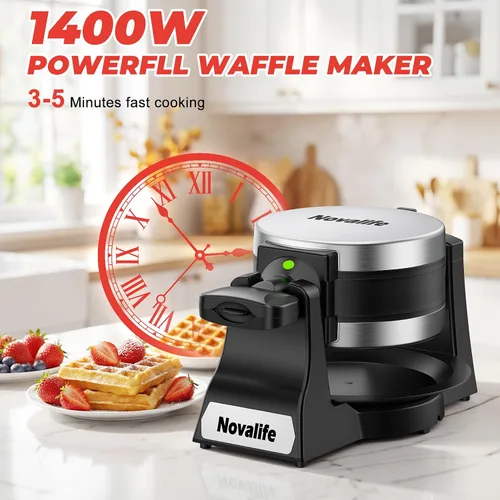 Vista 3 de Waffle Maker, 1400W Belgian Waffle Maker, Double Waffle Iron 180° Flip, 8 Slices, Rotating & Nonstick Plates, Removable Drip Tray Easy to Clean