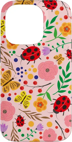Vista 17 de iPhone 16 Cute Ladybugs Flowers Pink Pattern Bouquet Lover Cell Phone Case