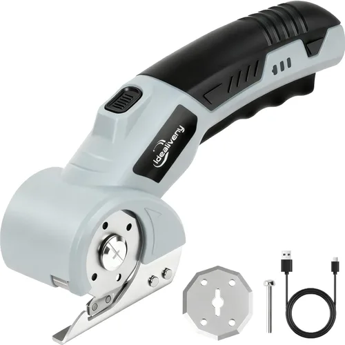 Vista 8 de Tijeras eléctricas inalámbricas – Cortador giratorio ligero de 4 V para cartón, cuero, plástico, alfombra, con 2 cuchillas, luz LED, bloqueo