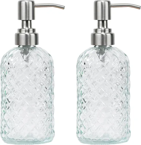 Vista 18 de Dispensador de jabón de vidrio con patrón de diamante de 16 onzas, dispensador de jabón recargable para cocina y baño, con bomba de acero inoxidable