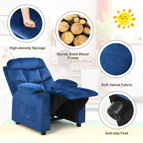 Vista 8 de Costzon Silla reclinable para niños con soporte para tazas, silla de salón de terciopelo ajustable con reposapiés y bolsillos laterales