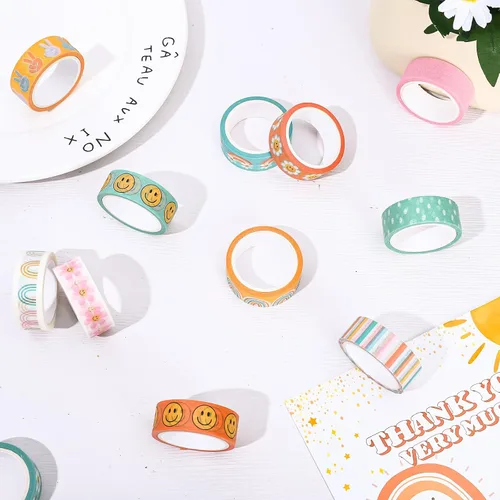 Vista 4 de AnyDesign 12 rollos de cintas Washi Groovy Boho Washi con diseño de cara de sonrisa de arcoíris, cinta adhesiva decorativa colorida para álbumes