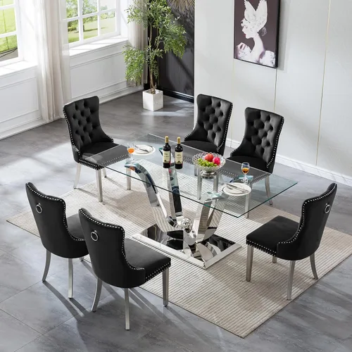 Vista 34 de SSLine Mesa de comedor de cristal dorado de 70 pulgadas para 4-6, base de Mesa de oro floral