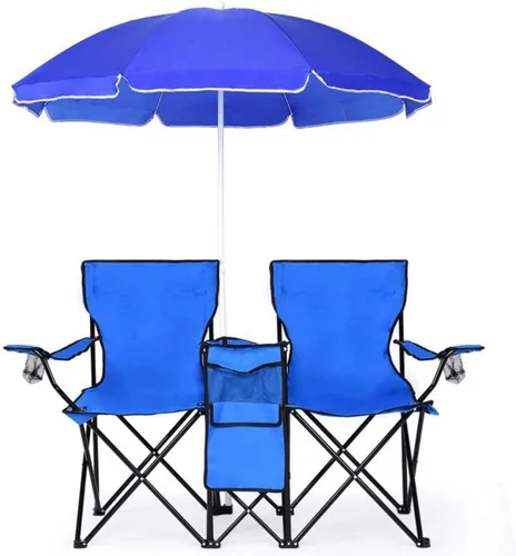 Vista 15 de Goplus Sillas de camping dobles con paraguas, enfriador para patio de playa Negro