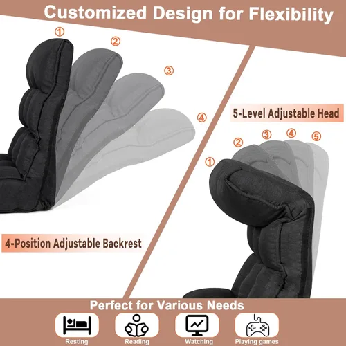 Vista 4 de COSTWAY Sillón plegable de suelo, silla de juegos de suelo con cabezal ajustable de 5 posiciones y respaldo ajustable de 4 posiciones, sofá Negro