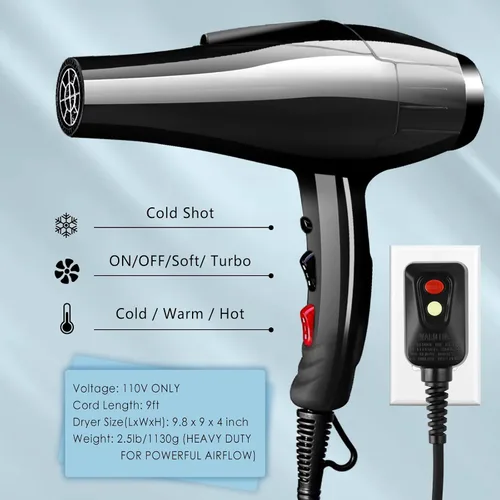 Vista 2 de Secador de pelo, 3500 vatios profesional de salón iónico con motor de CA, 3 ajustes de calor, 2 velocidades, botón de disparo frío, cerámica Negro