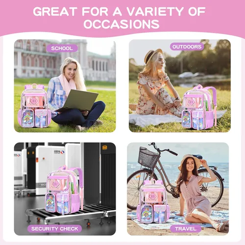 Vista 6 de Mochila transparente para hombre, mochila impermeable, escuela secundaria negra, escuela secundaria y universidad, Rosado, Estándar, Casual moderno