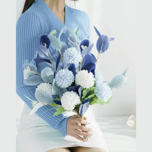 Vista 2 de Flores artificiales con florero, arreglos florales de imitación para decoración de mesa, centros de mesa para comedor, azul marino
