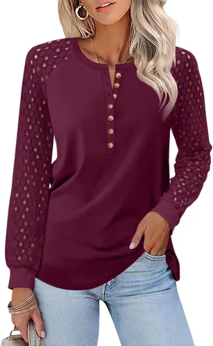 Vista 27 de Minetom Camisetas de manga larga con encaje para mujer, blusas casuales