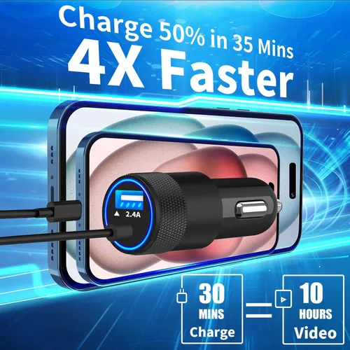 Vista 3 de Cargador de coche para iPhone con certificación MFi de Apple de carga rápida + cable Lightning de 6 pies Caiinei 4.8A Car Phone Charger Dual USB