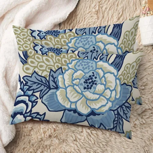 Vista 77 de Juego de 2 almohadas coloridas de estilo chinoiserie, color rosa intenso, azul real, peonía, floral, blanco, lino, estilo chinoiserie, para sofá
