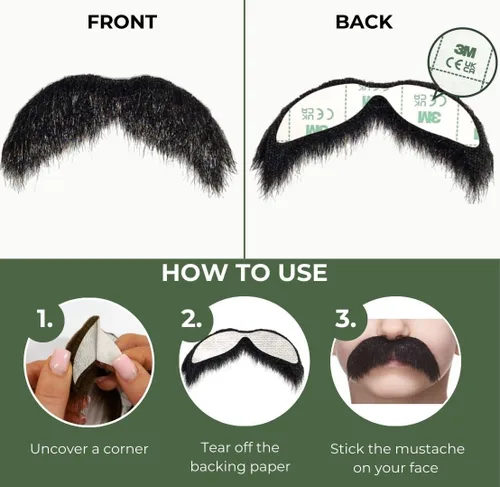 Vista 4 de Mustaches Bigote falso, autoadhesivo, novedad, pelo falso facial de morsa pequeña, accesorio de disfraz para niños, color negro brillante