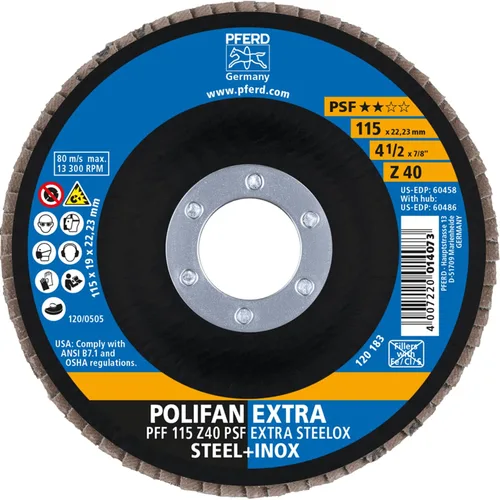 Vista 2 de PFERD POLIFAN® Disco Flap 4-1/2" x 7/8" Plano PSF-Extra, Circonita, Grano 40 (Paquete de 1) - Parte 60458