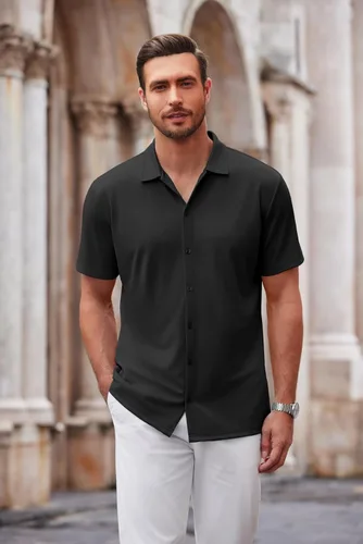 Vista 2 de COOFANDY Camisa casual con botones para hombre, manga corta, sin arrugas, camisa de verano Negro