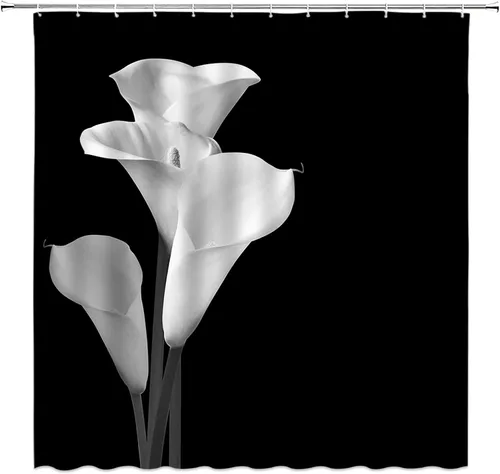 Vista 4 de Cortina de ducha floral negra elegante tulipán negro blanco y negro, diseño moderno de impresión artística única, juego de decoración de baño