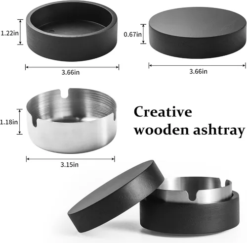 Vista 3 de Cenicero lindo para cigarrillos con tapa DDAJJAJ Cenicero de madera con acero inoxidable, cenicero portátil decorativo, cenicero resistente al