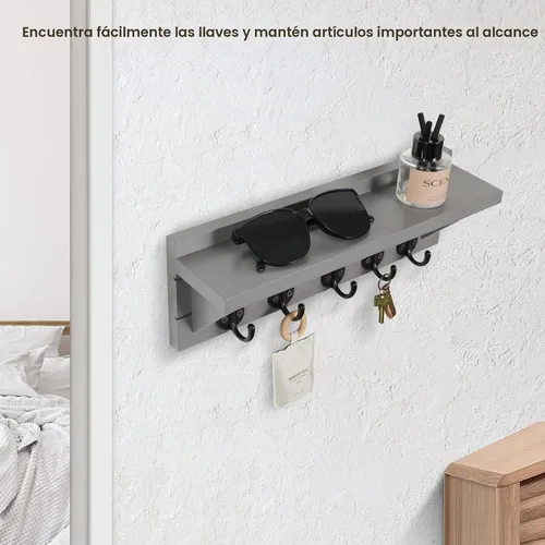 Vista 4 de Lwenki Soporte para Llaves de Pared con Estante, Estante Rústico con Ganchos Hecho de Madera de Paulownia que Sostiene Llaves, Correa de Perro Gris