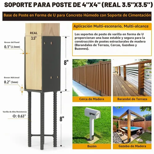 Vista 3 de 4"x4" (Real 3.5"x3.5") Soporte de poste en U de acero inoxidable, anclaje de poste para hormigón húmedo, soporte de base de poste resistente