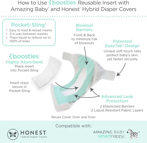 Vista 4 de Honest Hybrid - Funda para pañales de tela + inserciones reutilizables Super Boosties, tamaño mediano (12-25 libras), fundas de muselina de algodón