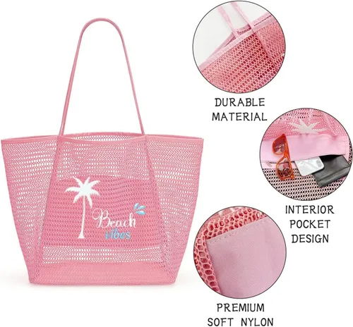 Vista 5 de ukia Bolsa de playa de malla, bolsas de playa de gran capacidad para mujer, bolsa de playa plegable con bolsillo con cremallera