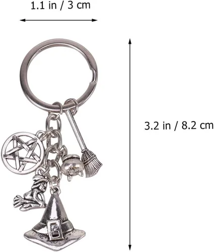Vista 9 de Amosfun Llavero de metal para Halloween, sombrero de bruja, escoba, colgante, llaveros, decoración para llaves de coche, bolsa de regalo, Como se