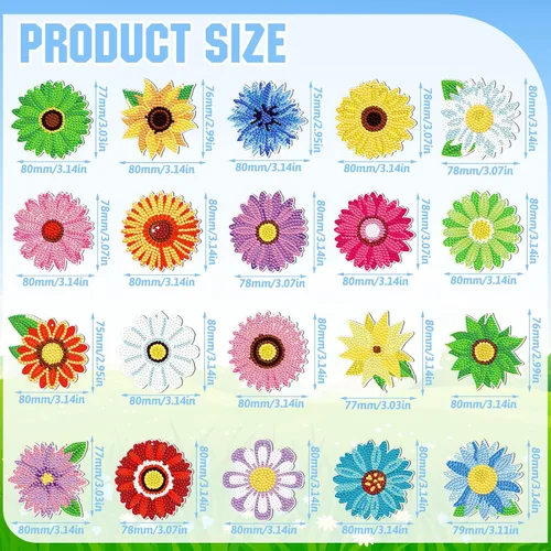 Vista 2 de FairySandy Juego de 20 llaveros de flores con pintura de diamantes de primavera para adultos, diseño de girasol, diamantes de imitación 5D, adorno