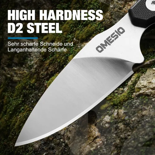 Vista 2 de Omesio Cuchillo de cuello, cuchillo de hoja fija de acero D2 de 5.82 Mango A-negro + hoja blanca