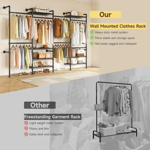Vista 7 de ONBRILL H4 Sistema de Clóset Montado en Pared, Perchero de Tubería Industrial Expandible para Colgar Ropa, Organizadores de Clóset y Almacenamiento