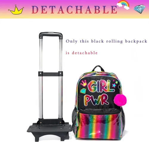 Vista 3 de Mochila con ruedas para niñas, mochila escolar con ruedas, bolsa escolar con bolsa de almuerzo y bolsa para lápices, mochila con ruedas para niños