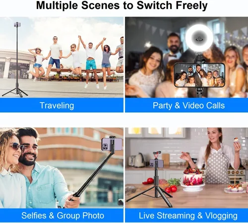 Vista 5 de Trípode para selfie stick para iPhone, trípode ligero de 72 pulgadas con control remoto inalámbrico y soporte de zapata fría, palo selfie extensible