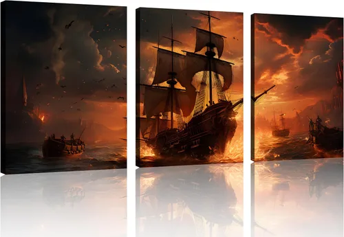 Vista 33 de TutuBeer 3 Piezas Arte de Pared Batalla Naval Barco Imagen Barco Pirata Velero Póster Barco Pirata Azul en Llamas Imagen Impresa en Lienzo Póster
