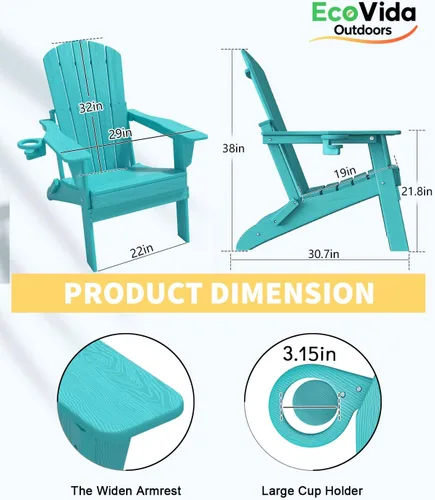 Vista 8 de Juego de sillas plegables Adirondack de 3 piezas, respaldo extra alto de 38 pulgadas y grano de madera en relieve, muebles de patio de polietileno