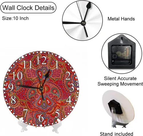 Vista 3 de Reloj de Pared Bohemio con Textura Paisley de 10 Pulgadas Operado por Batería Vector Color Rojo Brillante Reloj Silencioso Sin Tictac Relojes