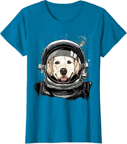 Vista 108 de Camiseta para amantes de los perros de los astronautas del espacio exterior Golden Retriever Lover, Negro