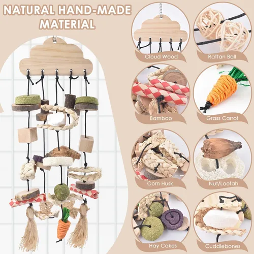 Vista 2 de Bissap Juguete Masticable para Conejos, Juguetes Masticables Colgantes para Jaula de Conejo y Golosinas de Madera con Aperitivos para Conejillos