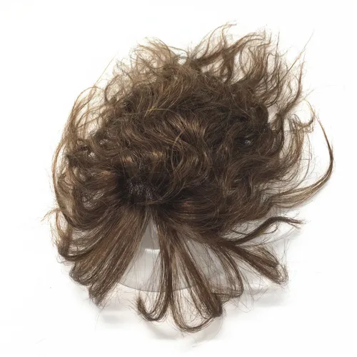 Vista 2 de Cabello humano natural rizado 2.4x3.9 in clip en postizo esponjoso con flequillo 7.9 in para mujeres pérdida de cabello marrón claro