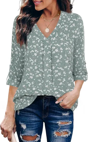 Vista 25 de Youtalia Blusas para mujer, elegantes, informales, de negocios, manga 3/4, de gasa, cuello en V, camisas de trabajo y oficina