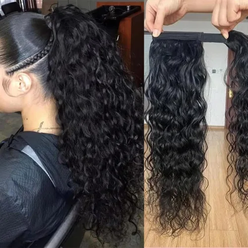 Vista 17 de Cola de caballo de cabello humano rizado con cordón brasileño Remy Extensin 3C Kinky Curly Hair Clip en pieza de pelo color natural sedoso suave 10