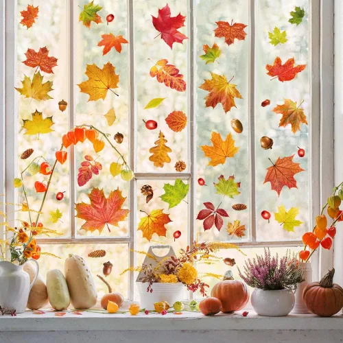 Vista 6 de YUJUN 6 hojas de calcomanías de ventana de otoño de Acción de Gracias, hojas de arce, conos de pino, calcomanías para ventana de vidrio de otoño