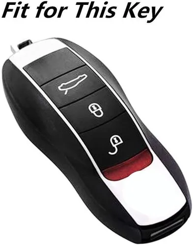 Vista 6 de Cuero para Porsche Cayenne Macan Cayman Boxster Panamera Carrera Remote 3 Botones Key Fob Case Cover Chain (negro)