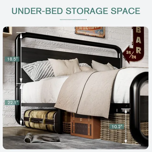 Vista 5 de MUTICOR Base de cama de metal de tamaño matrimonial con cabecero y estribo de madera redondos/curvos, marco de cama de plataforma con almacenamiento