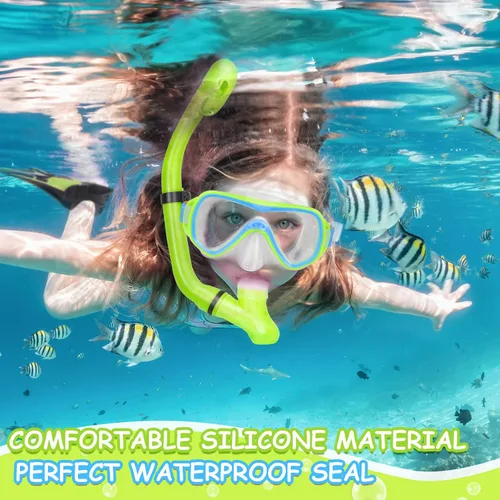 Vista 6 de Snorkeling Gear for Kids, Mask Fins Snorkel Set for Kid Panoramic View Diving Mask Anti-Fog Anti-Leak Dry Top Snorkel and Dive Flippers with Travel