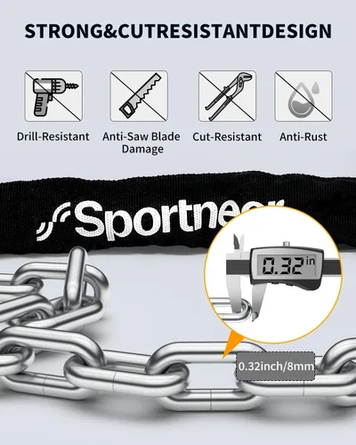 Vista 2 de Sportneer Candado para bicicleta: Candado de cadena de bicicleta de alta seguridad de 8mm de grosor con 2 llaves - 0.97/1.2 metros de largo, candado
