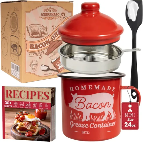 Vista 8 de Recipiente para grasa de tocino con colador - Con espátula de silicona de grado alimenticio de 24oz, recipiente rústico de grasa esmaltado