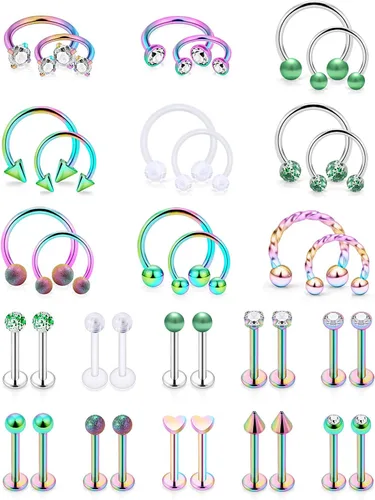 Vista 6 de SCERRING Anillos de labio de acero inoxidable de 0.66 oz (16 g) de herradura Labret Monroe, anillos de labio para uñas, tragus rook, hélice