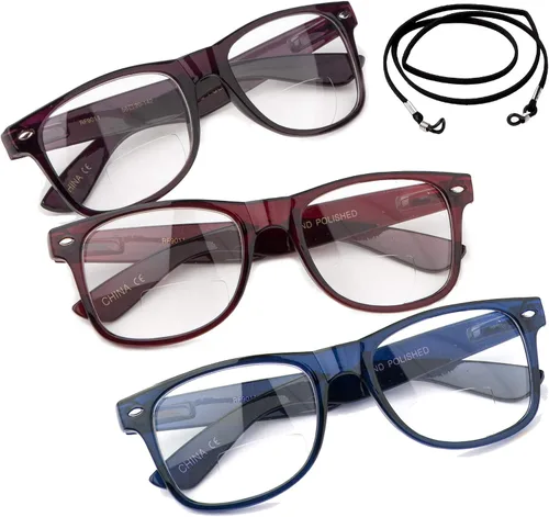 Vista 4 de Gafas de lectura de marco grande para hombres y mujeres, cómodos y elegantes anteojos de lectura simples Paquete de 3 - Azul con 1 cordón