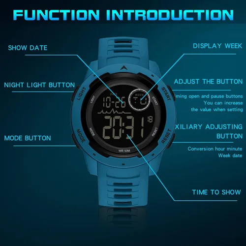 Vista 7 de findtime Reloj deportivo digital rojo para hombre, reloj para hombre, táctico, militar, 5ATM, resistente al agua, para hombre, con luz LED, alarma