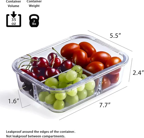 Vista 5 de Recipientes de vidrio para preparación de comidas, paquete de 4 recipientes de 35 onzas con 3 compartimentos, lonchera Bento para control