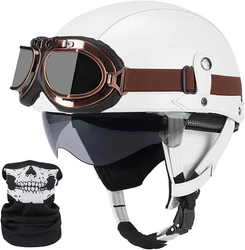 Vista 12 de Casco de motocicleta rosa, medio casco de cuero de estilo alemán, casco de motocicleta para mujer, aprobado por DOT, casco de media cara con gafas